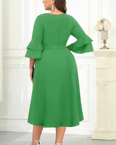 Image of Plus Size Wedding Guest Dress - Double Bell Sleeve High Low Split Dresses | Semi formal cocktail dress, V-neck double bell sleeves with belted high-low split ruffle hem.