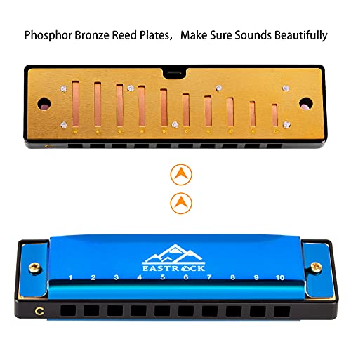 Eastrock Blues Harmonica Mouth Organ 10 Hole C Key With Case, Diatonic Harmonica For Professional Player, Beginner, Students Gifts, Adult, Friends, Gift Blue #TOP2