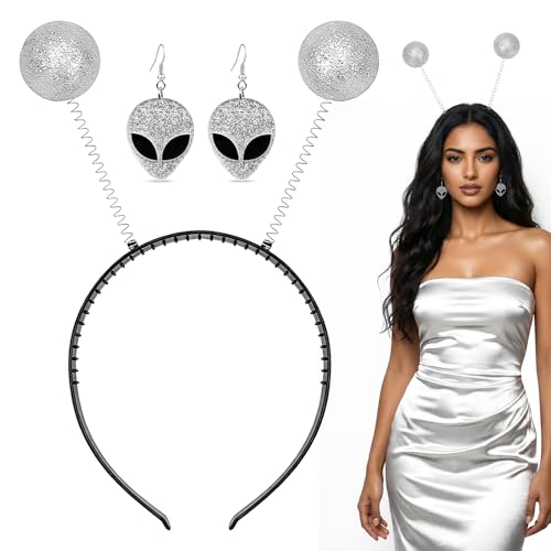 Byffoer Alien Haarreif Silver Space Haarreif Fühler Kopfschmuck mit 2 Bällen & Alien-Ohrringe Glitzer Disco Kugel Alien Stirnband Kopfschmuck Kostüm Accessoire Karneval & Fasching Haarschmuck Deko
