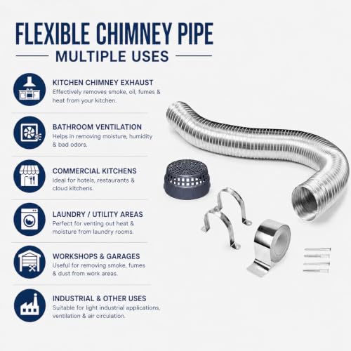 Image of Flexible Chimney Pipe with Cowl For Kitchen | Aluminium Exhaust Pipe | Complete Installation Kit with Cowl Cover, 2m Tape, and 2 Clamp | Fits For Multi Brands (4 Inch-10 Feet Pipe)