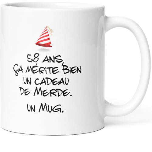 Mug Anniversaire 58 ans Humour Tasse Message drôle Idée Cadeau Original Rigolo pour Ami Homme Femme Collègue Copain Copine pour Joyeux Anniversaire Cinquante huit Ans. Souriez dès le Réveil.