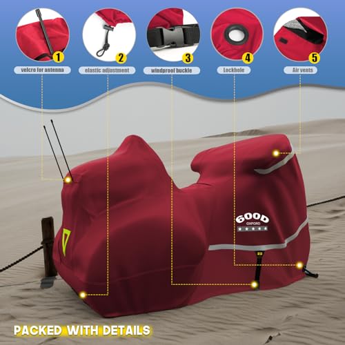 Image of Motorcycle Cover with Side+Top Box Heavy Duty 600D Waterproof for Touring Models Harley Davidson Ultra Limited,Road Glide Limited, Gold Wing,Road Master,Indoor & Outdoor Storage Red