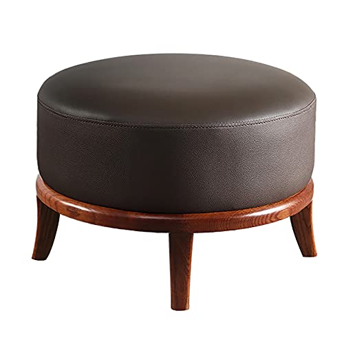 Repose-pieds rond cuir marron, tabouret bas en bois massif et pouf de salon 41 cm