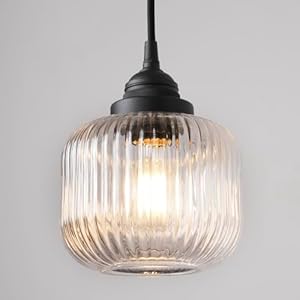 Vintage Ceiling Pendant Light with Clear Ribbed Glass Lampshade, Industrial Globe Hanging Light Fixture for Kitchen Island Hallway Dining Room Stairway
