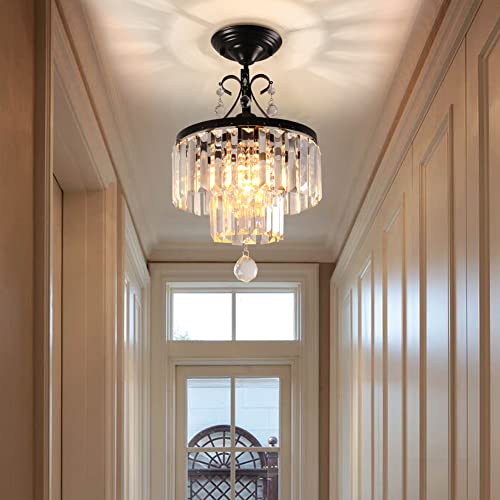 Cxgleaming Black Modern Crystal Chandeliers 2-Tier Flush Mount Ceiling Light Hanging Pendant Light Fixture For Bedrooms Living Room Entryway Dining Room (E26 Base) #TOP1