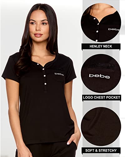 bebe Womens Pajama Set, Short Sleeve Shirt with Lace Jogger PJ Pants Lounge Sets for Women2