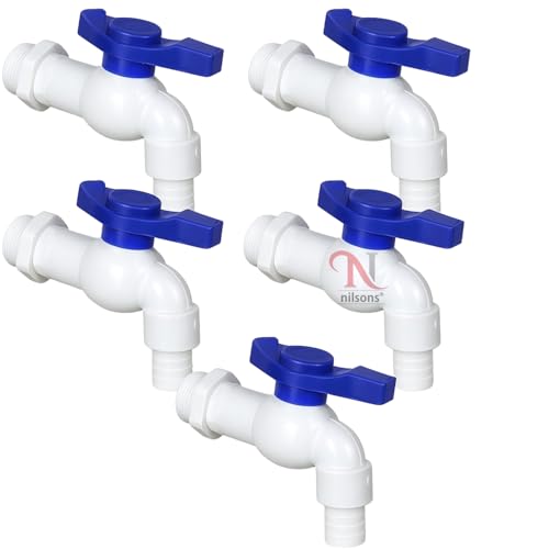 Image of Plastic Nozzle Cock Tap with Blue Handle (Pack of 5) - Heavy Duty Leak-Proof Water Pipe Connector for RO System, Tank, Garden & Bathroom Use | Durable Plastic Valve Tap