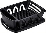 Tribello Sink Dish Drying Rack, Heavy Duty Hard Plastic Drying Rack, Dish Drainer for Kitchen Counter with Drainboard Set, with Silverware Holder - 18 x 13 x 6 (Black) - Made in USA