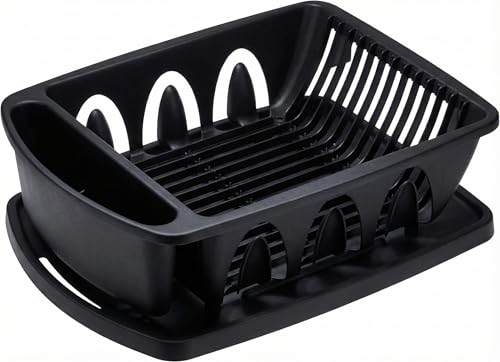 Tribello Sink Dish Drying Rack, Heavy Duty Hard Plastic Drying Rack, Dish Drainer for Kitchen Counter with Drainboard Set, with Silverware Holder - 18 x 13 x 6 (Black) - Made in USA