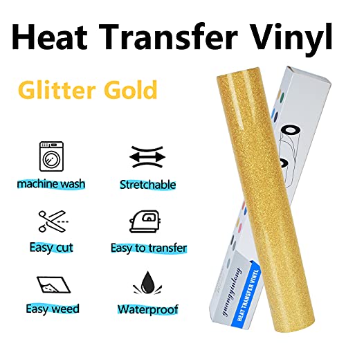 Image of guangyintong Glitter Gold Heat Transfer Vinyl HTV Rolls, 12 inch x 8ft Gold Iron on Vinyl for T-Shirts HTV Vinyl for All Cutter Machines Easy to Cut & Weed for Heat Vinyl Design