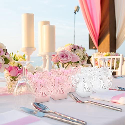 Kesote 50 Pack Butterfly Favor Boxes, Small Baby Shower Bridal Shower Wedding Birthday Candy Favor Boxes with Ribbons, Pink and White