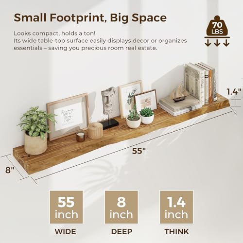 55 Inch Floating Shelves for Wall, Solid Elm Wood Live Edge Wall Shelf for Home Decor, 8 Inch Deep Floating Shelf, 55 x 8 Wooden Shelves for Bathroom Living Room Kitchen, Natural Color, Set of 1 - Thumbnail 3