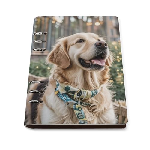 Cuaderno Golden Retriever de piel sintética A5 con 6 anillas y diseño plano para diario