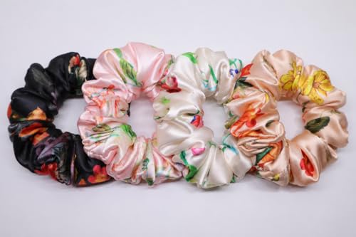 Image of Satin Scrunchies Hair Bands for Women | No-Damage Elastic Hair Ties for Ponytails & Buns | Fluffy & Stylish Rubber Bands | Free Size | Pack of 4 | Angel Blush Md (Medium Size)