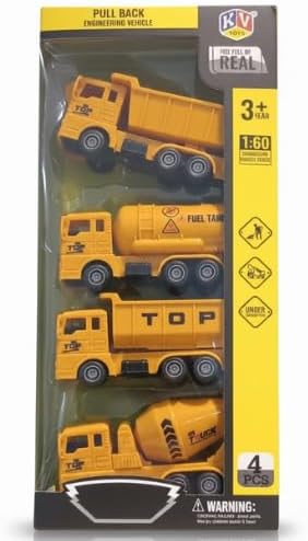 4-Piece Pull-Back Construction Vehicle Toy Set | Mini Engineering Trucks with Dump Truck, Fuel Tanker, Mixer & Cargo Truck Pull-Back Vehicles for Kids | Durable Pretend Play
