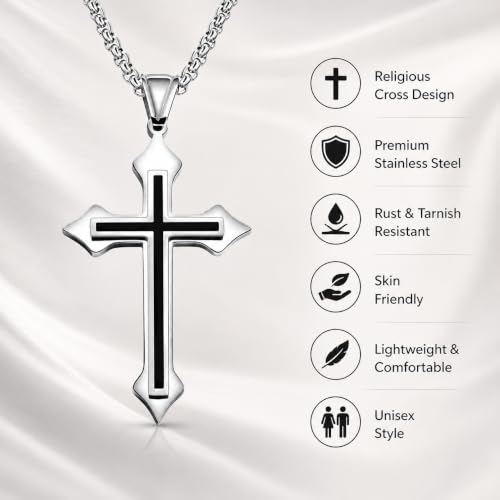Image of M Men Style Religious Lord Jesus Christain Christ Cross Black and Silver Stainless Steel Pendant Necklace Chain for Men and Women SujalPn20221097