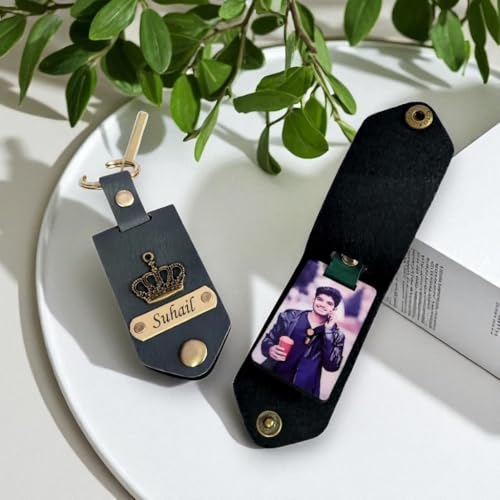 Image of Memory Photo Keychain with Custom Name & Charm - Personalized Leather Key Holder for Men & Women - Ideal Personalized Gift for Couples, Friends, Family - Custom Photo Key Ring