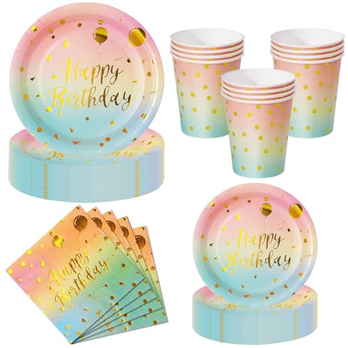 Nkaiso Kit Vaisselle Jetable Anniversaire 50 Pièces Arc-en-Ciel et Or - 10 Assiettes Plates, 10 Assiettes Dessert, 10 Gobelets, 20 Serviettes - Pour...