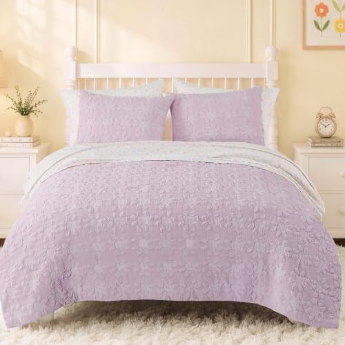Image of Twin XL Comforter Set for Girls - 5 Pieces Purple Dasiy Bed in a Bag
