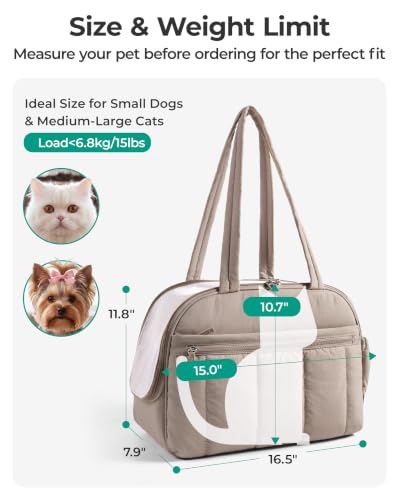 BAGSMART Dog Purse Carrier for Small Dogs Up to 13lbs Puppy Travel Tote Bag | Quilted Puffy Soft Sided Pet Handbag with Pockets, Collapsible Lightweight Portable Carrying with Safety Tether & Mat, Brown - Image 2