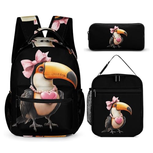 Toucan Wearing Pearl Necklace Printed Backpack with Lunch Box Bag Pencil Case Pouch 3pcs Daypack Set for Women Men