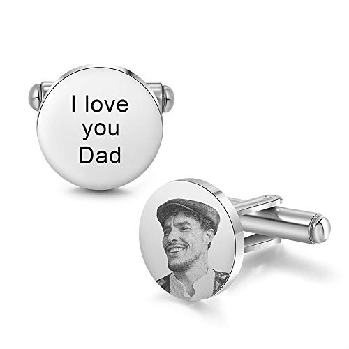 Grand Made Boutons de Manchette Photo personnalisés avec Gravure Texte personnalisé Boutons de Manchette gravés Bijoux pour Homme Anniversaire Noël (Photo + Texte) Cover