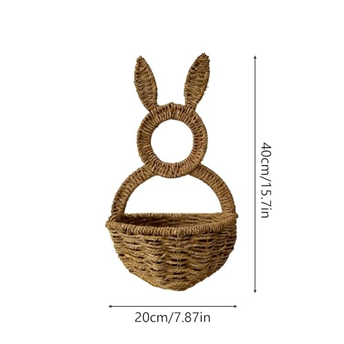 Cesta de puerta de conejo con orejas decorativas y bolsillo textil de lino rústico 5