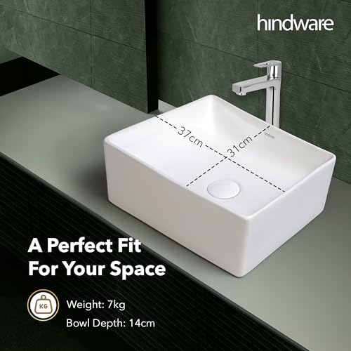 Image of Hindware Tozzo Table Top Wash Basin for Bathroom | Made of Ceramic | Star White | Rectangular Shape | Over the Counter Basin