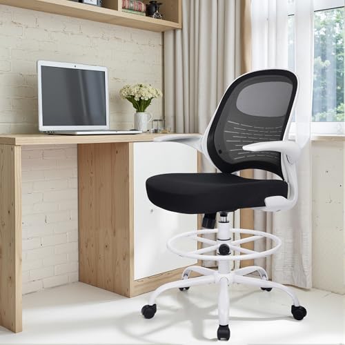 Image of HYLONE Tall Drafting Chair Standing Desk Chair with Flip-Up Armrests, Adjustable Height Ergonomic Office Chair with Footrest Ring - High Stool Chair for Standing Desk (Black Mesh&White Base)
