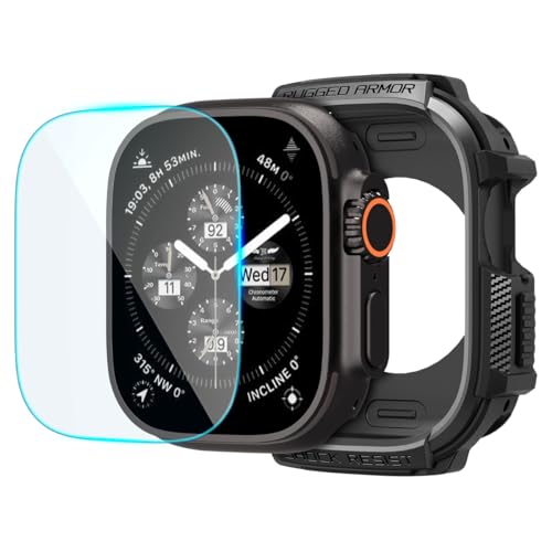 Image of Spigen for Apple Watch Ultra 3 /2 /1 Case, Rugged Armor Cover with Touch Sensitive Tempered Glass Screen Protector Durable Protective TPU Flexible Shock Proof Military Grade Bumper - Matte Black