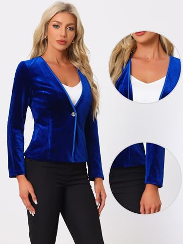 Allegra K Blazaer for Women's Long Sleeve Office Collarless 1 Button Velvet Blazer2