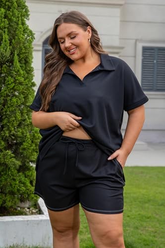 Vozanet Women Waffle Pajamas Lounge Set Plus Size Outfits Lapel V Neck Matching Loungewear Sexy Sweatsuit with Pockets 1x to 5xl, Black, 3X-Large
