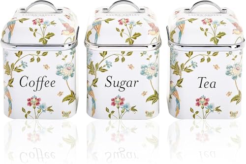 VQ Laura Ashley Tea Coffee and Sugar Canisters Set of 3 Stainless Steel Tea Sugar and Coffee Containers Set with Removable Lids - Printed Storage Jars & Kitchen Canisters - Elveden White