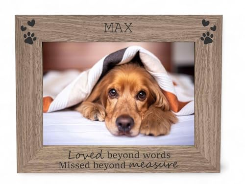 Image of Personalised Pet Memorial Photo Frame, Dog or Cat Loss Gift, Engraved ‘Loved Beyond Words’ Tribute – Custom 6x4 or 7x5 Picture Frame, Rainbow Bridge Remembrance Keepsake, Handmade in UK