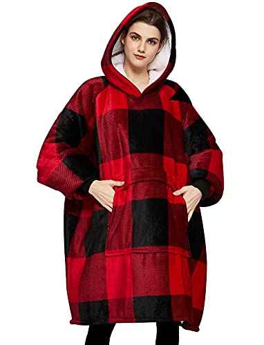 Image of KFUBUO Wearable Blanket Hoodie for Adults With Pocket Sherpa Red Plaid | Sherpa, Fuzzy Blanket Hoodie, Oversized Sweatshirt Blanket, Kangaroo Pouch, Cute Gifts for Women, Cute Stuff