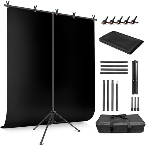 JEBUTU Black Backdrop Background with Stand for Photoshoot 5x6.5ft Black Photo Backdrop Curtain Cloth with Background Support Stand 5 Spring Clamps& Carrying Bag for Party Photography Video Studio