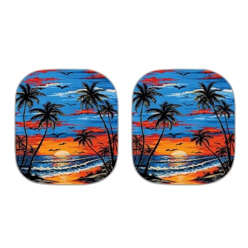 Image of 2 PCS Windshield Sun Shade Foldable Palm Trees Sunset Car Front Window Cover Sun Visor UV Rays Blocker Automotive Interior Accessories Sun Protection