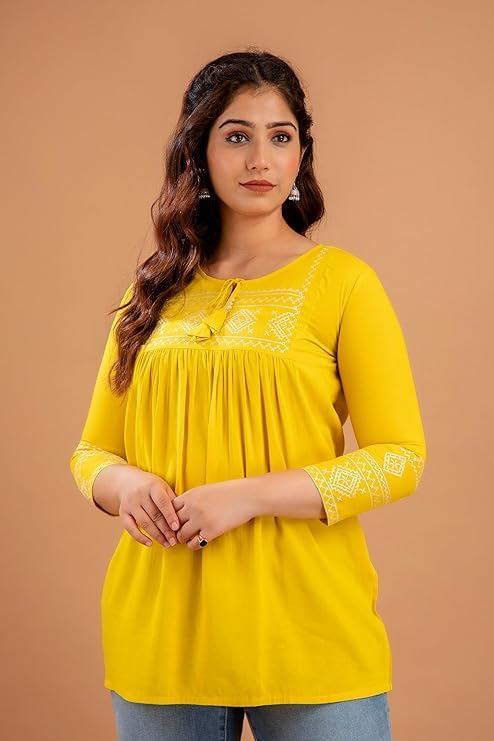 Image of Avayayat Short Kurti for Women | Embroidered Straight Rayon Kurta | Round Neck Full Sleeves Short Kurti for Women's