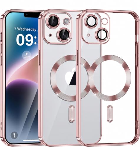 Image of Elzzi Clear Logo Electroplating Transparent Case for iPhone 14 Plus Case 6.7 inch, Luxury Electroplated TPU Cover, Individual Camera Protection for Each Lens Bumper Case (Rose Pink)