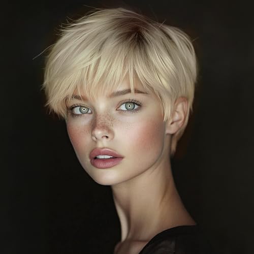 Creamily Short Blonde Pixie Cut Wig with Bangs for Women Synthetic...