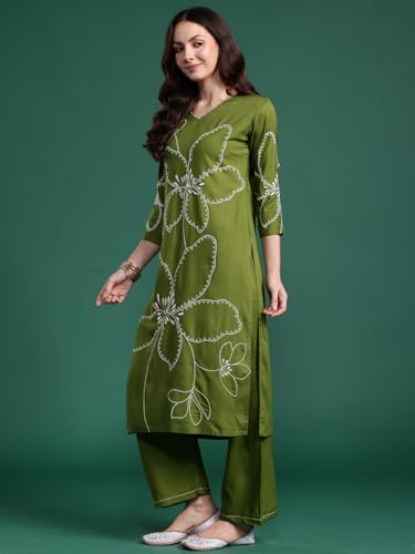 Image of INDO ERA Women's Straight Viscose Rayon Floral Embroidered Kurta & Palazzo Set (IESTR9981)