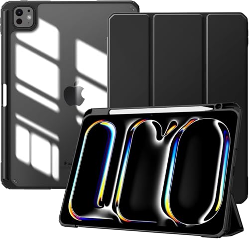 TiMOVO Case for iPad Pro 11 inch (M5/M4) 2025/2024 with Pencil Holder, Slim Stand Protective Cover with Clear Transparent Back Shell, Support Auto Wake/Sleep - Black