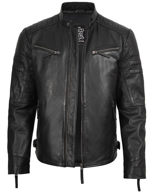 Image of Decrum Disc Black Leather Jackets For Men - Quilted Jacket Men | [1131947] Black Stanley, 3XL