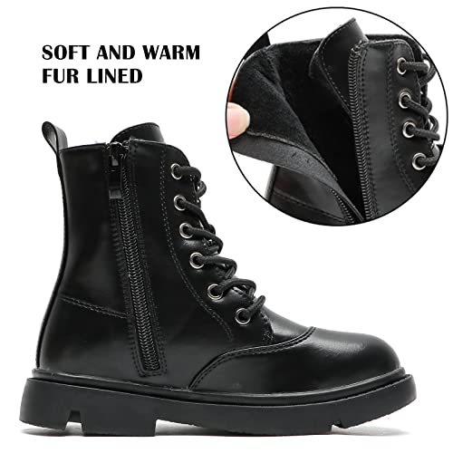 Kkdom Boys Girls Waterproof Lace Up Side Zipper Mid Calf Combat Boots Fur Lined Winter Boots(Toddler/Little Kid/Big Kid) Black Us Size 12 M Little Kid #TOP3