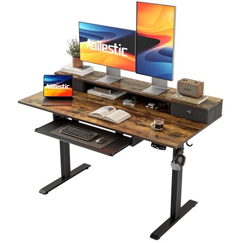 Image of Agilestic Electric Standing Desk with 2 Drawers and Keyboard Tray, 48 x 23 Inches Ergonomic Adjustable Height Desk with Storage, Sit Stand Computer Workstation, Rustic Brown