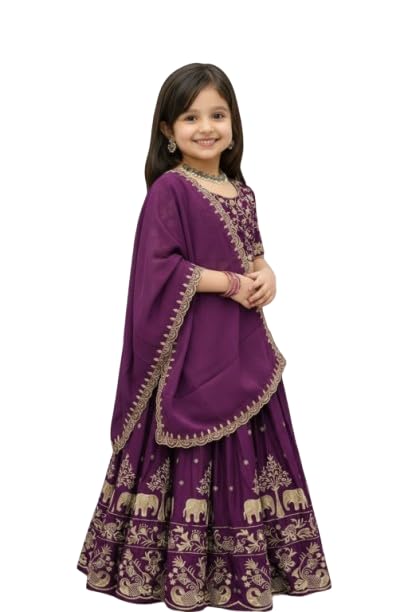 Image of Kids Chiffon Lehenga Choli, Embroidered Elephant and Floral Print, Festive Ethnic Wear with Dupatta