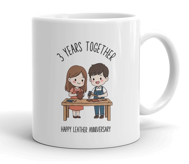 VIROSA 3 Years Leather Anniversary Mug – 11oz Ceramic Coffee Cup Gift for Husband, Wife, Couples – Third Wedding Anniversary Present Idea, Romantic Keepsake — image 1