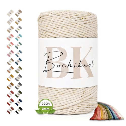 BOCHIKNOT Metallic Macrame Cord - 3mm x 330yds, Single Strand