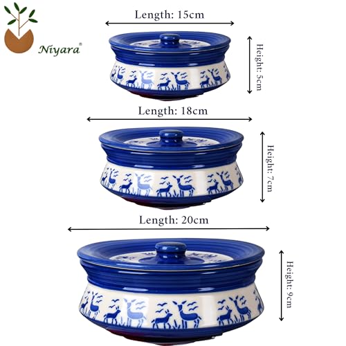 Image of Niyara Premium Ceramic Casserole /Donga Set with Lids - Handcrafted Serving Bowls for Hot Food, Microwave & Dishwasher Safe - Set of 3, Sizes: 1000ML, 650ML, 550ML (Blue deer design)