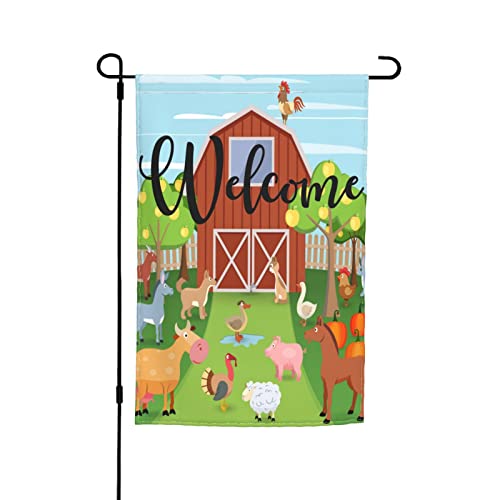 Garden Flags Cute Colorful Farm Animals Wooden House Premium Yard Flag Green Trees Cartoon Painting Holiday Party Flag Outdoor Farmhouse Decor Home Porch Flags 12 X 18Inch #TOP10